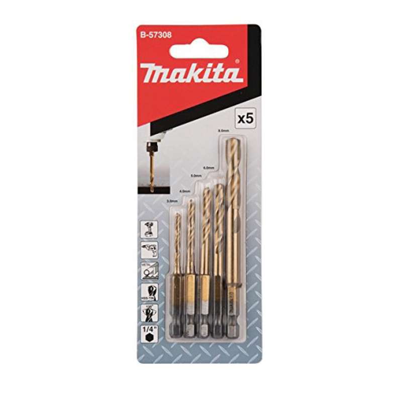 CONJUNTO DE BROCAS HSS-TIN ENCAIXE  1/4" C/5PCS B-57308 - MAKITA